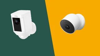 The Ring Spotlight Cam (battery) on a green background and the Google Nest Cam (battery) on a yellow background