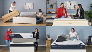 In the top left hand corner, mattress testers Ruth Jones and Frances Daniels unbox a Siena Memory Foam Mattress, still rolled in its packaging. Top right, Ruth and Nicola Appleton sit on the Saatva Classic mattress, Ruth using her laptop to research. Bottom right. Ruth sits on the Nectar Premier mattress while Lauren Jeffries lies next to her. Bottom left, Ruth and Nicola stand either side of a stack of mattresses on a bedframe