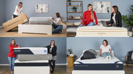In the top left hand corner, mattress testers Ruth Jones and Frances Daniels unbox a Siena Memory Foam Mattress, still rolled in its packaging. Top right, Ruth and Nicola Appleton sit on the Saatva Classic mattress, Ruth using her laptop to research. Bottom right. Ruth sits on the Nectar Premier mattress while Lauren Jeffries lies next to her. Bottom left, Ruth and Nicola stand either side of a stack of mattresses on a bedframe