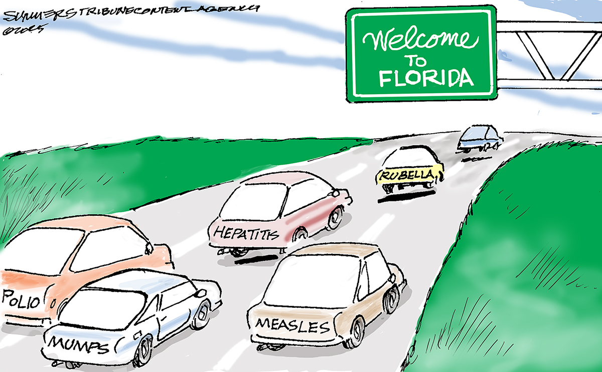 This cartoon depicts cars on a highway driving past a &amp;ldquo;Welcome to Florida&amp;rdquo; road sign. The cars are labeled &amp;ldquo;Rubella&amp;rdquo;, &amp;ldquo;Hepatitis&amp;rdquo;, &amp;ldquo;Polio&amp;rdquo;, &amp;ldquo;Mumps&amp;rdquo; and &amp;ldquo;Measles&amp;rdquo;.
