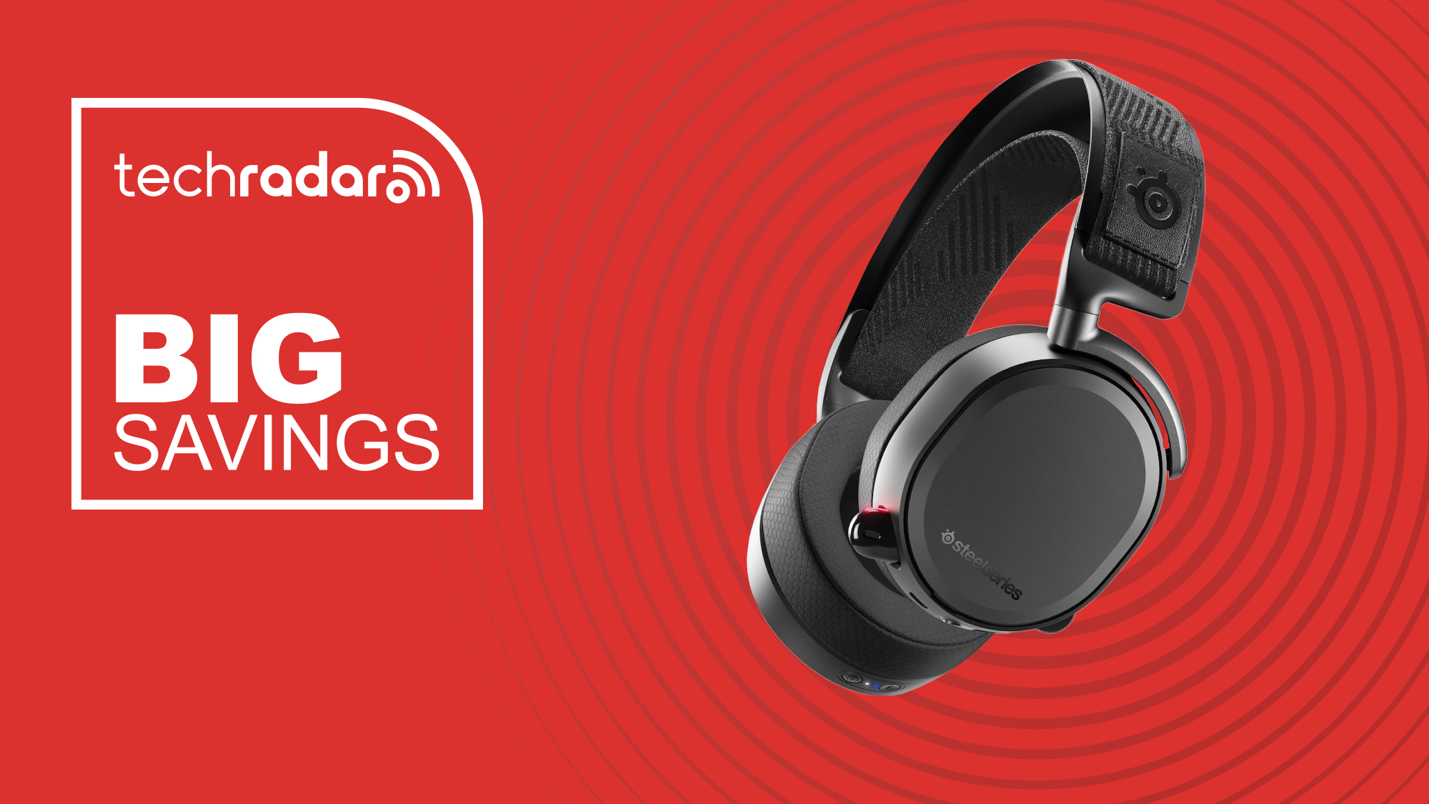 The SteelSeries Arctis Pro Wireless Gaming Headset in front of a red background featuring the text &#039;Big savings&#039;.