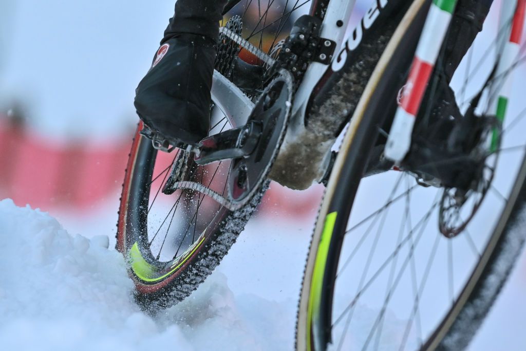 Illustration picture shows the tires of a cyclocross bike pictured during the track reconaissance ahead of the Cyclocross World Cup race in Val di Sole Italy Saturday 11 December 2021 stage ten out of 16 in the World Cup of the 20212022 season BELGA PHOTO DAVID STOCKMAN Photo by DAVID STOCKMANBELGA MAGAFP via Getty Images