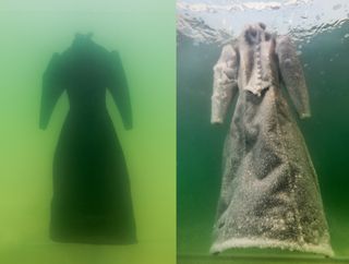 The black dress on the left transformed into the sparkly salt sculpture (right) after being submerged in the Dead Sea.