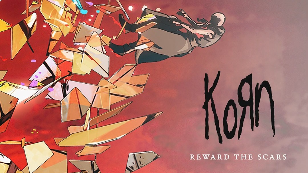 Stylized art of a person falling through shattered glass against a red background. The word "Korn" and "Reward the Scars" are printed boldly.
