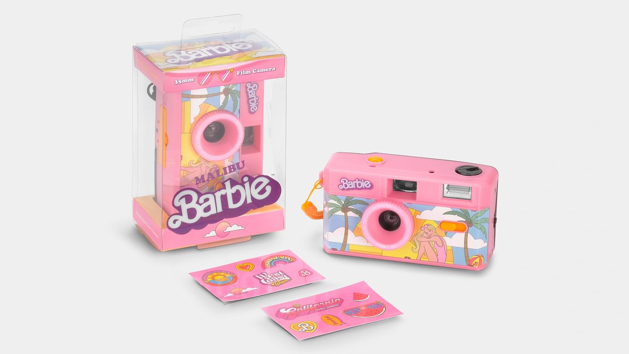 Malibu Barbie FC-11 35mm Film Camera on a studio white background