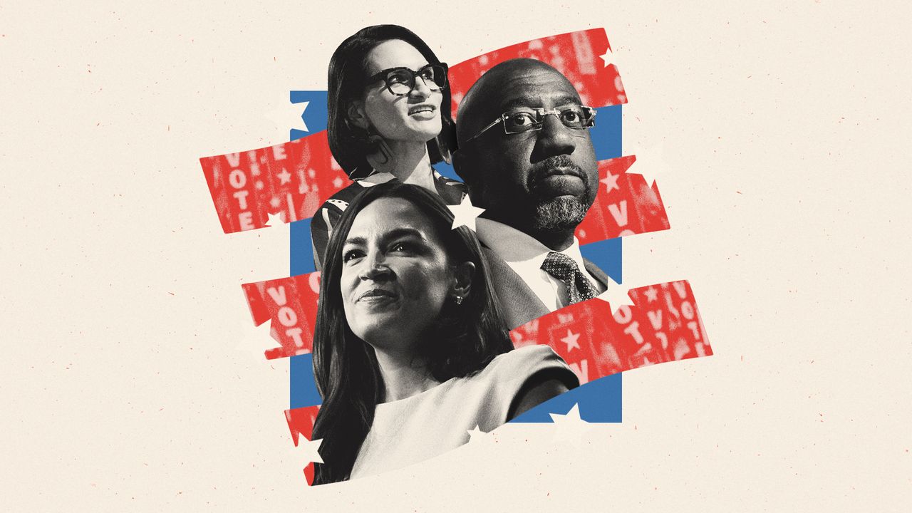 Illustration of Alexandria Ocasio-Cortez, Raphael Warnock and Peggy Flanagan