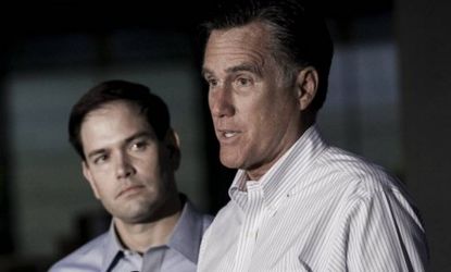 Mitt Romney appears with Sen. Marco Rubio (R-Fla.) to address the press at Mustang Expediting on April 23 in Aston, Penn. Though he went on a mini tour with Romney, Rubio has said, "I don't w