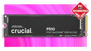Crucial P510 SSD on a pink background with a PC Gamer Recommended badge in the top right.