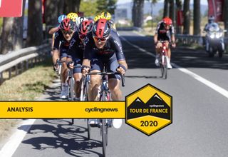 Michal Kwiatkowksi leads Ineos Grenadiers through the stage 7 crosswinds at the Tour de France