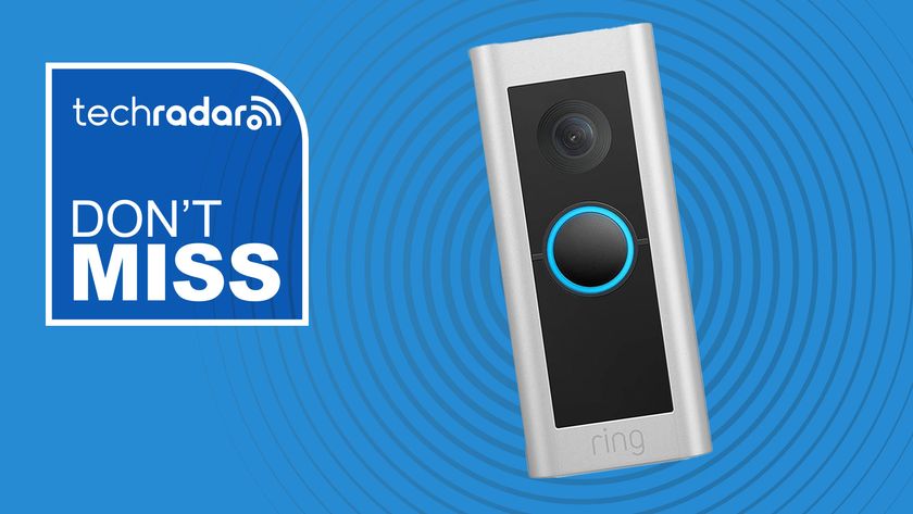 Ring video doorbell on blue background with white text reading &#039;TechRadar don&#039;t miss&#039;