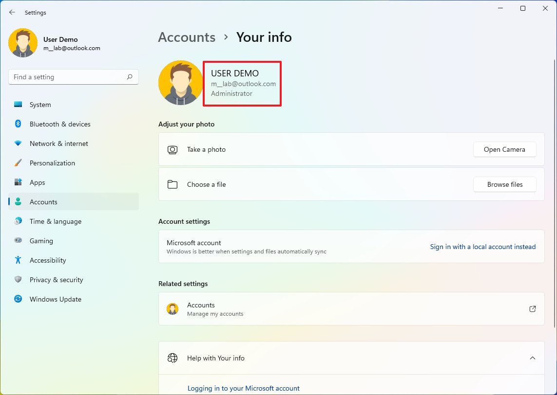 Windows 11 account details