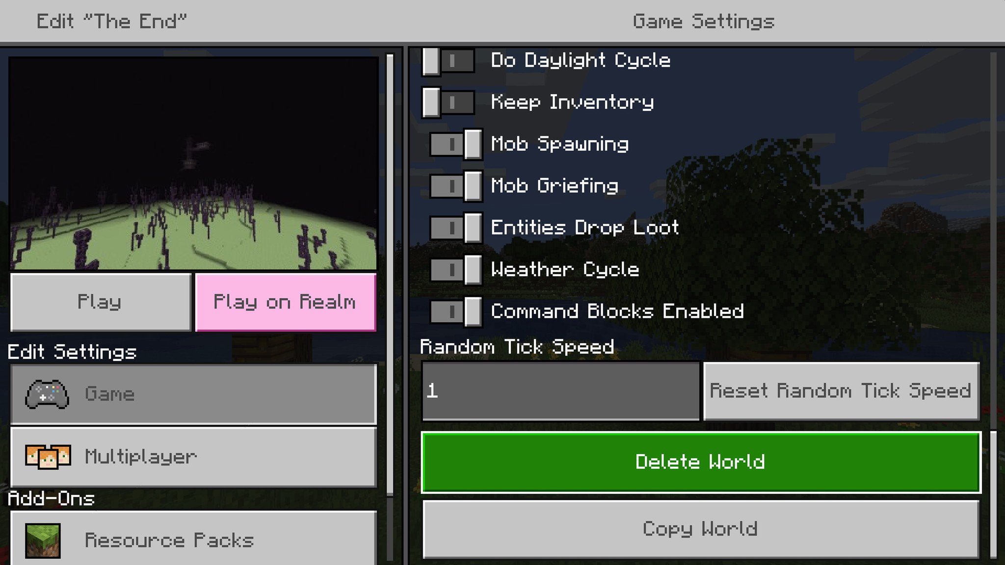 Minecraft "Delete" button