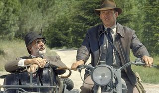Indiana Jones and the Last Crusade Sean Connery and Harrison Ford thinking on a motorcycle