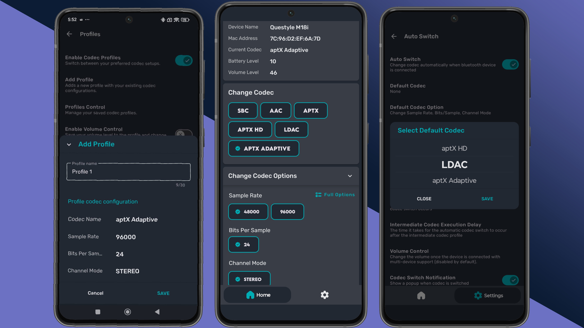 Three screengrabs of the Bluetooth Codec Changer on TR's purple background
