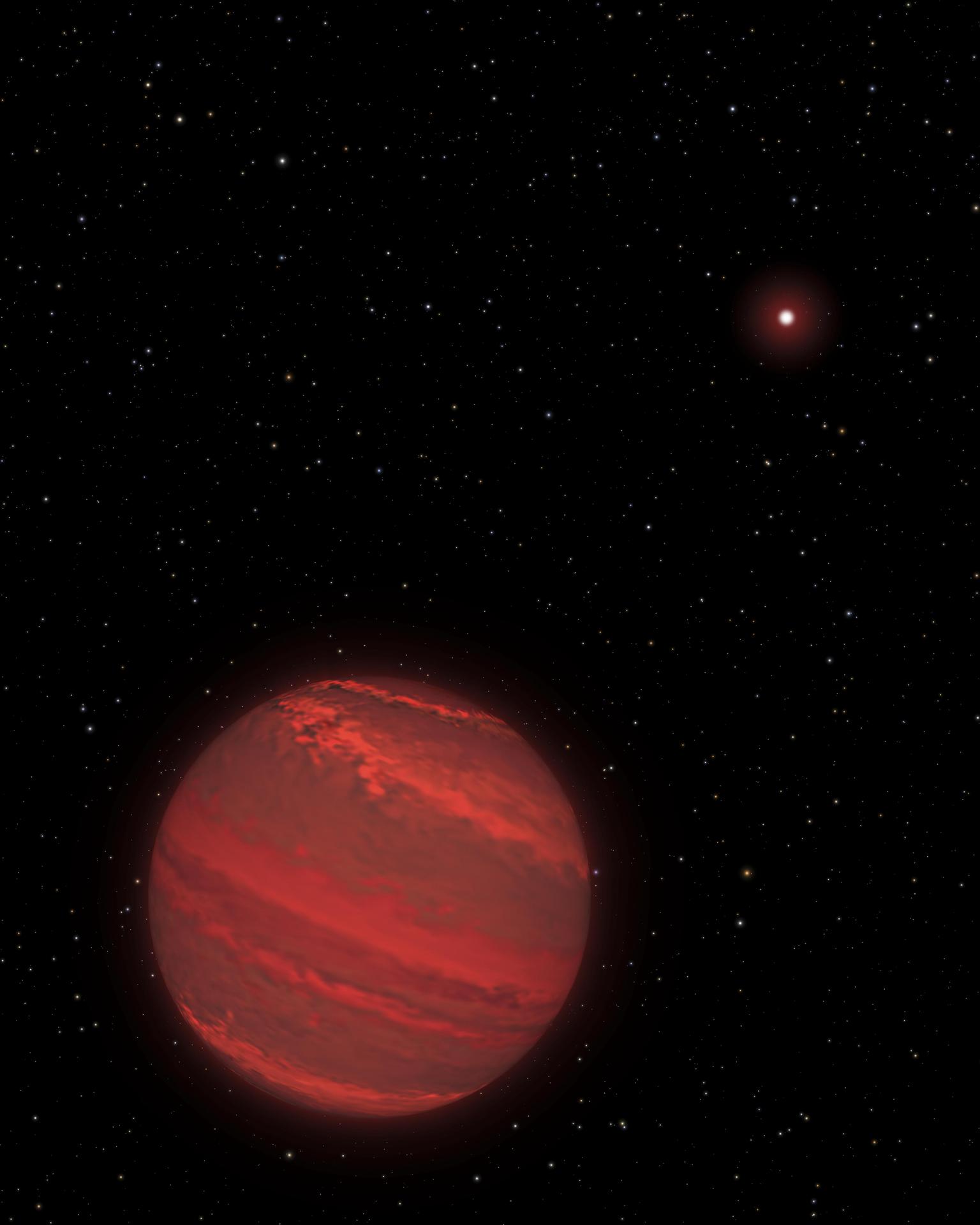 A huge red planet orbiting a small red 'brown dwarf' star