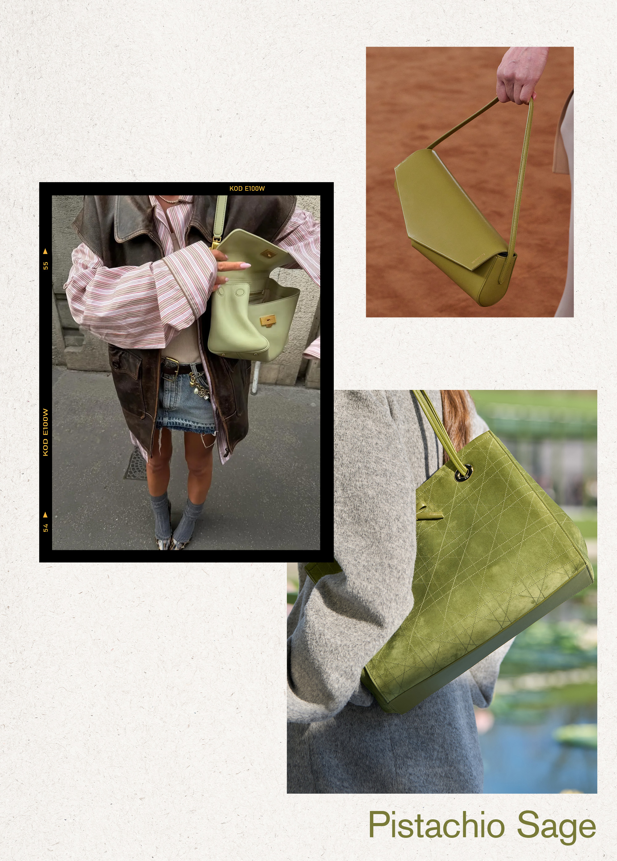 Collage of women, handbags, and runway imagery of the best spring 2026 handbag color trends.
