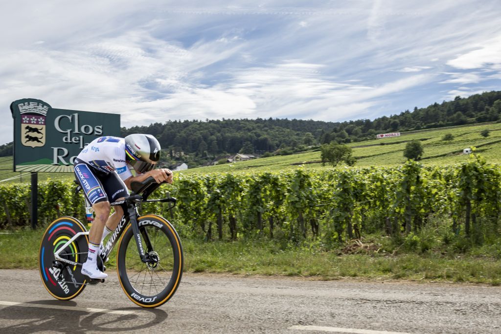 Belgian Remco Evenepoel of Soudal Quick-Step pictured in action during stage 7 of the 2024 Tour de France cycling race, an individual time trial from Nuits-Saint-Georges to Gevrey-Chambertin, France (25,3 km) on Friday 05 July 2024. The 111th edition of the Tour de France starts on Saturday 29 June and will finish in Nice, France on 21 July. BELGA PHOTO DAVID PINTENS (Photo byThomas SAMSON / AFP)