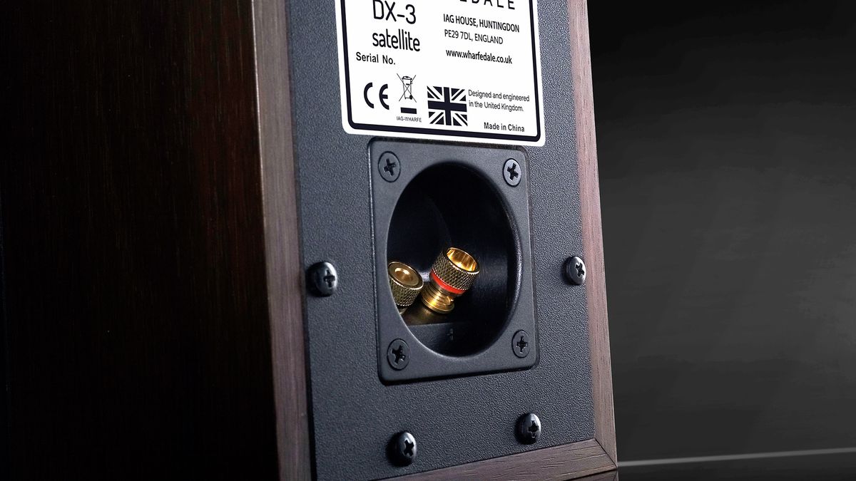 A close-up of the gold terminals on the back of a Wharfedale DX-3 HCP speaker.