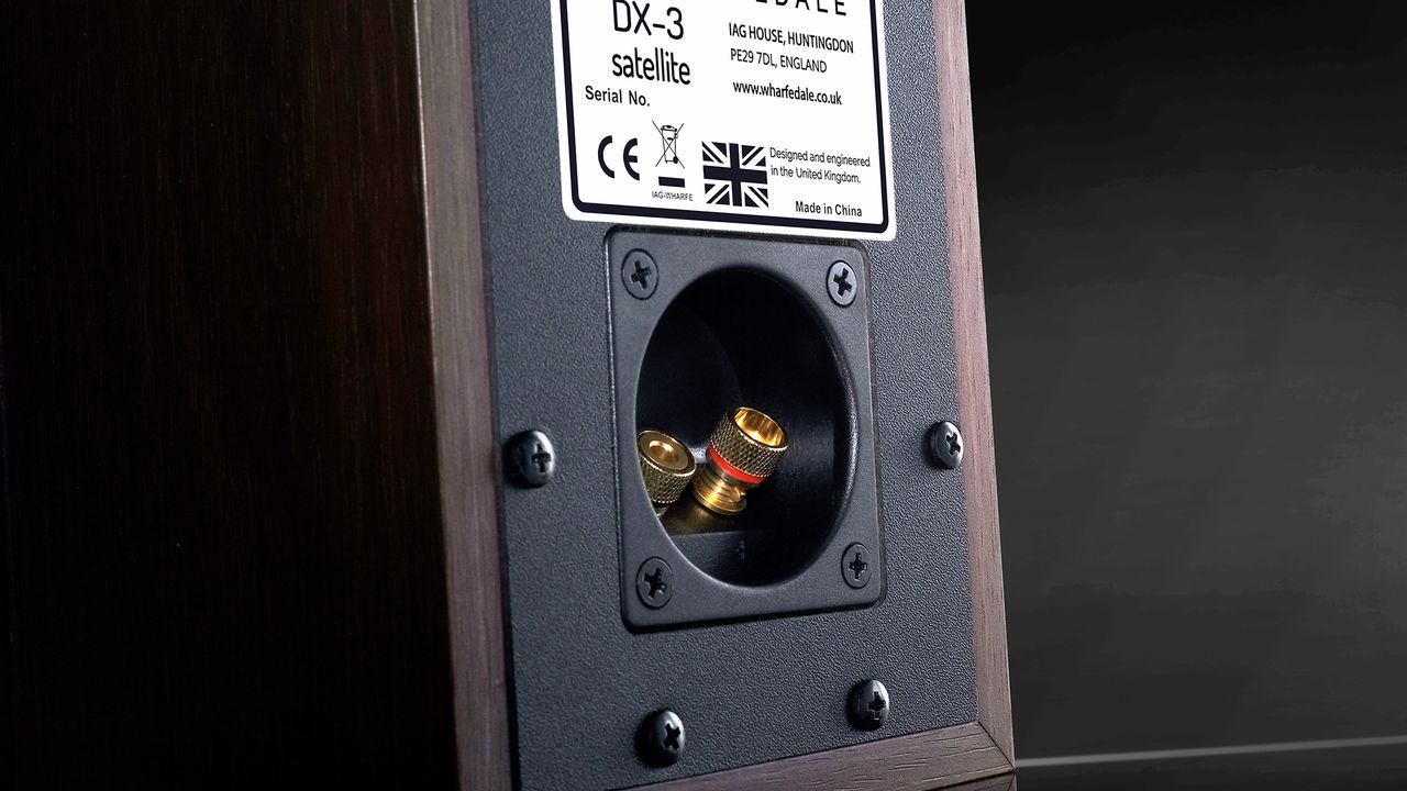 A close-up of the gold terminals on the back of a Wharfedale DX-3 HCP speaker.