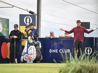 Justin Rose becoming frustrated at the delay on the tee at the Open Championship