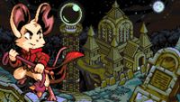 A gloomy, gothic-horror moody image of a young mouse-like humanoid with a whip prepares to explore an ancient castle in the middle of nowhere.