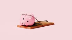 A crushed piggy bank stuck in a mouse trap