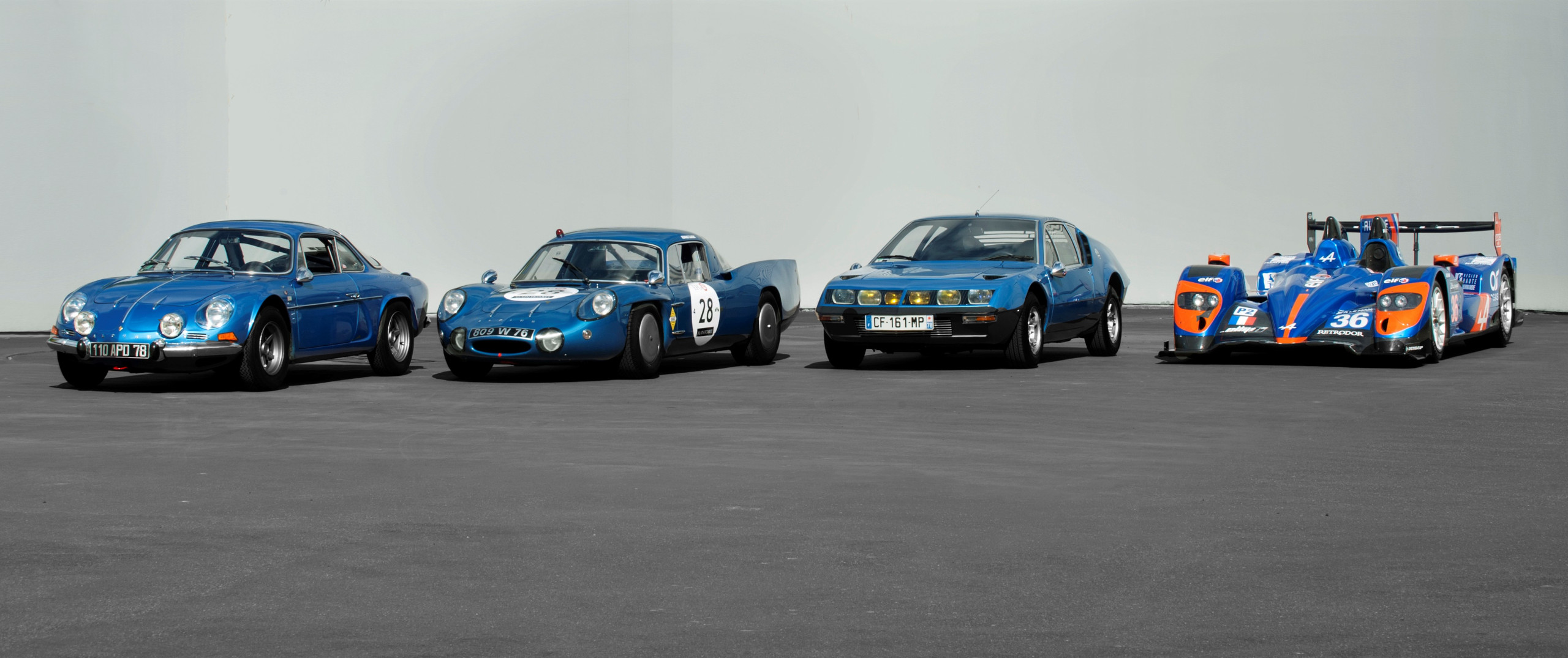 Alpine's historic range, from left, the 1971 A110 1300, 1965 M65 (Le Mans car), 1977 A310, 2014 A450