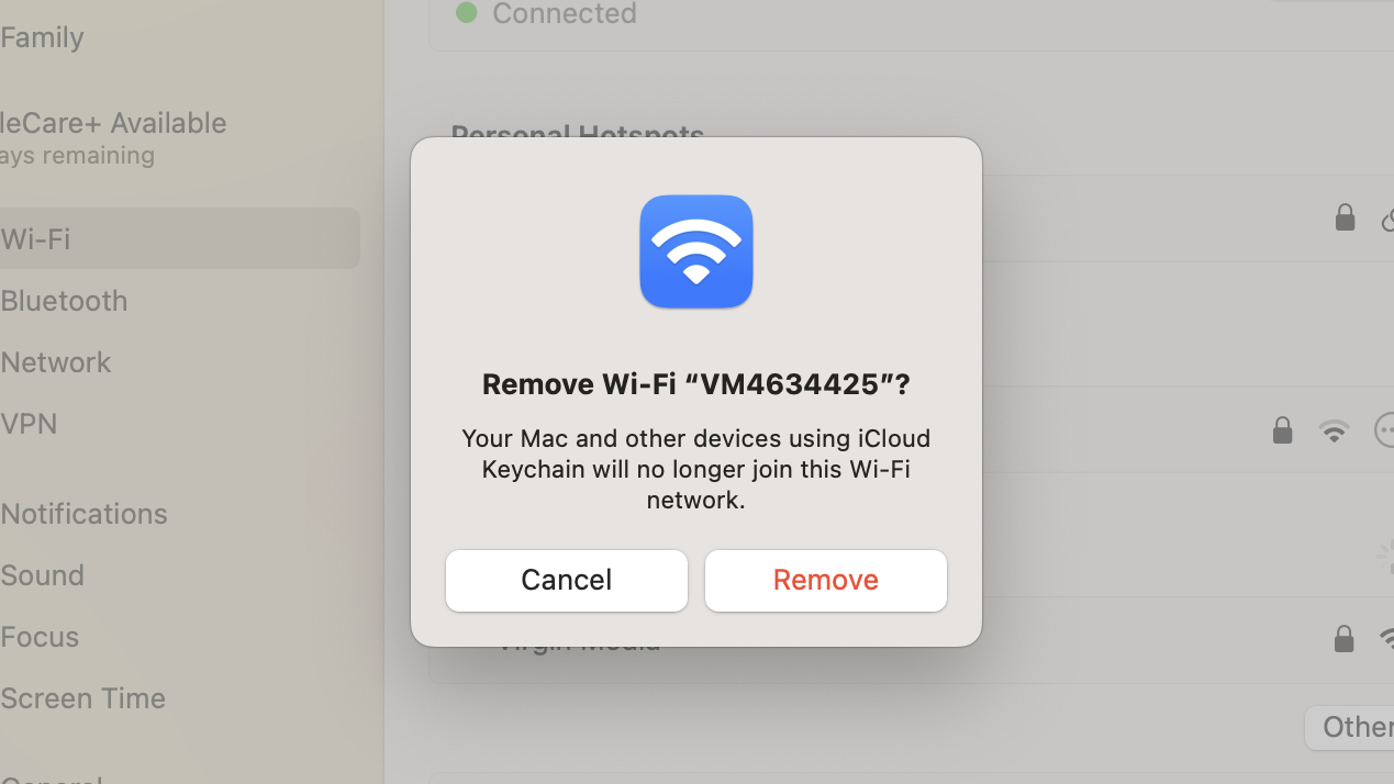 Network settings panel in macOS Ventura, Forget existing network option disabled.