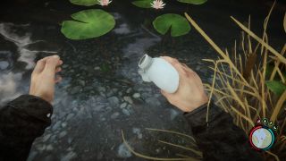 Sons of the Forest - a player holds a water flask and fills it in a pond