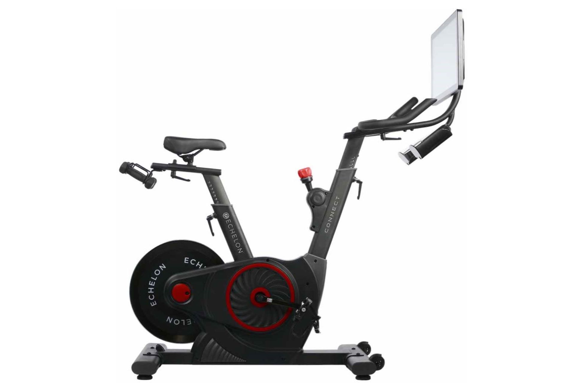 Echelon EX-5s is pictured side on in this image. It has an integrated screen in front of the handle bars on the right