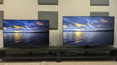 mini-LED and OLED TVs side by side showing image of sunset on lake