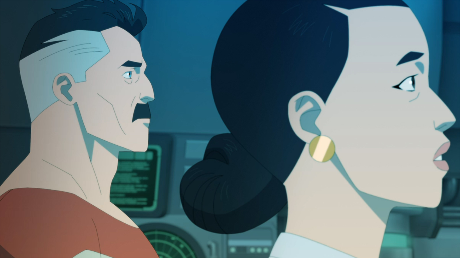 A close up of Debbie and Nolan looking out onto Earth from a spaceship's cockpit in Invincible season 4 episode 8
