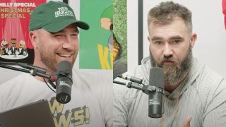 A side-by-side of Travis Kelce smiling and Jason Kelce talking on New Heights.