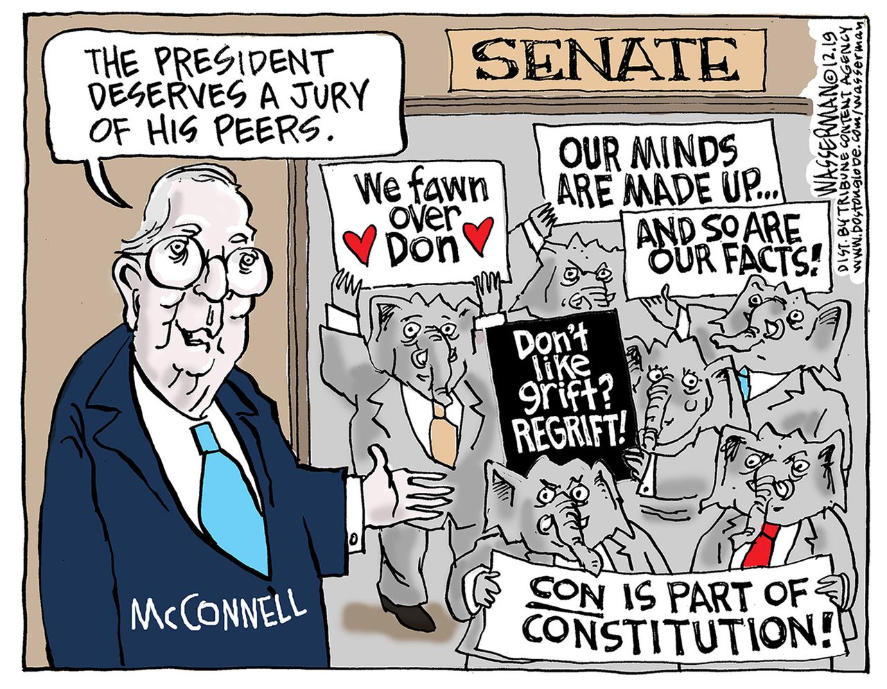 Political Cartoon U.S. GOP Senate Mitch McConnell Trump Jury of Peers