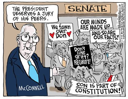 Political Cartoon U.S. GOP Senate Mitch McConnell Trump Jury of Peers