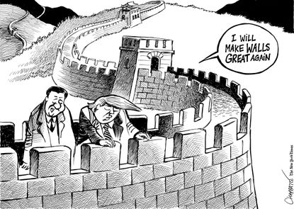 Political cartoon U.S. Trump China visit Mexico border wall