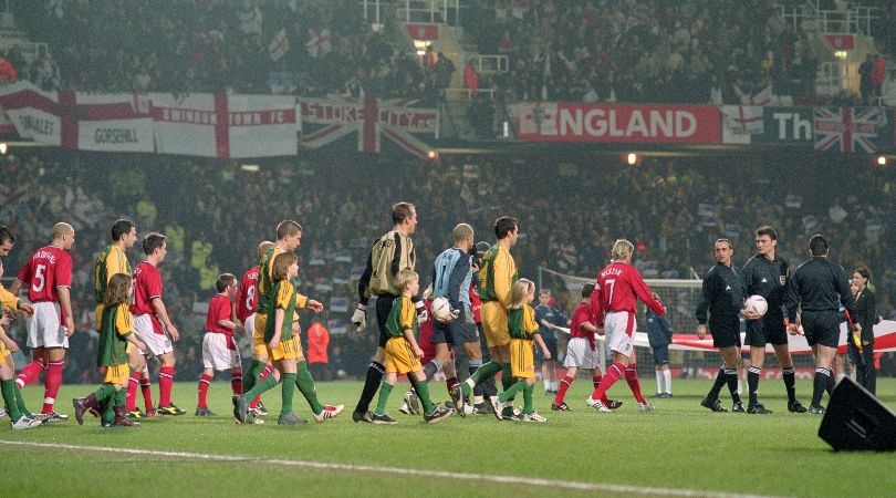 England and Australia walk out for a friendly at Upton Park in February 2003.