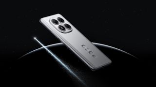 Poco X7 product image on a black background with a semi-circle of light and a shooting star behind it