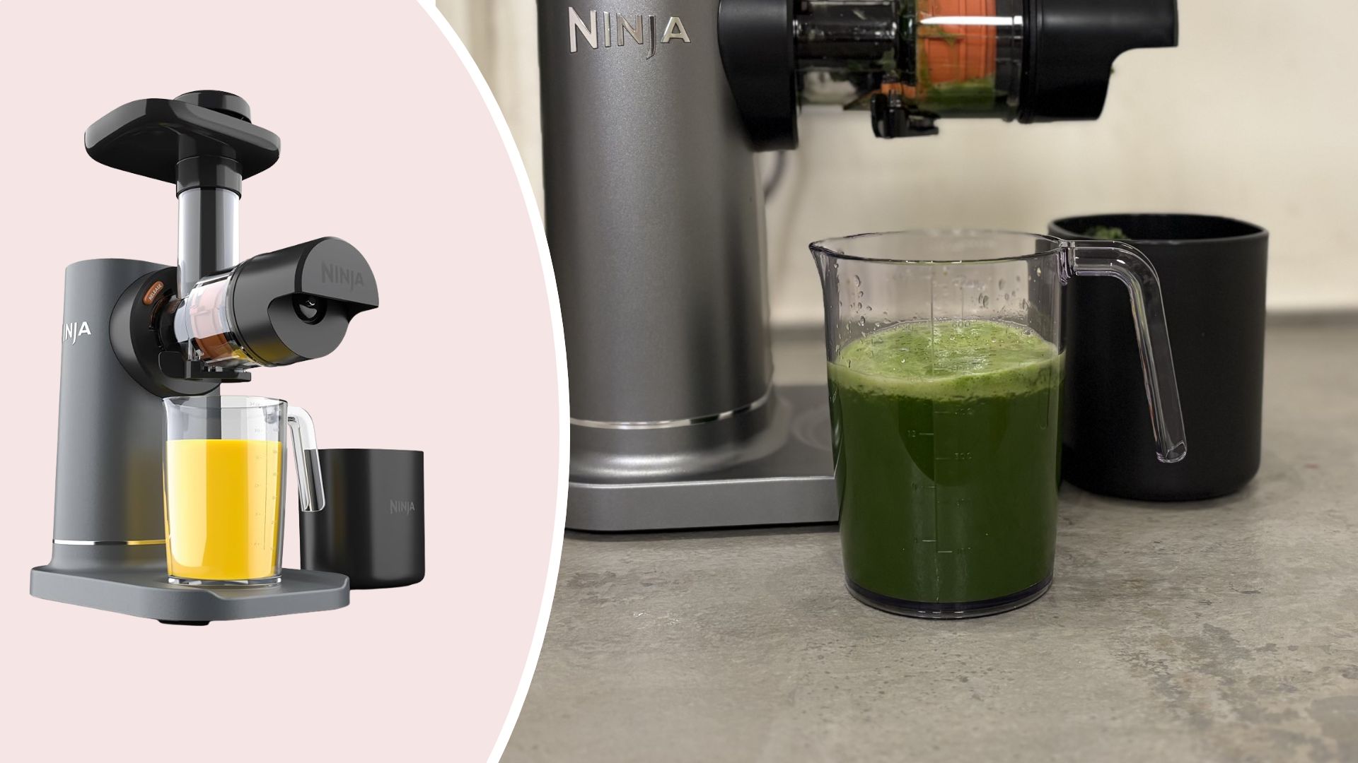 Ninja Cold Press Juicer making green juice next to a cutout of the the Ninja Cold Press Juicer on a pink background