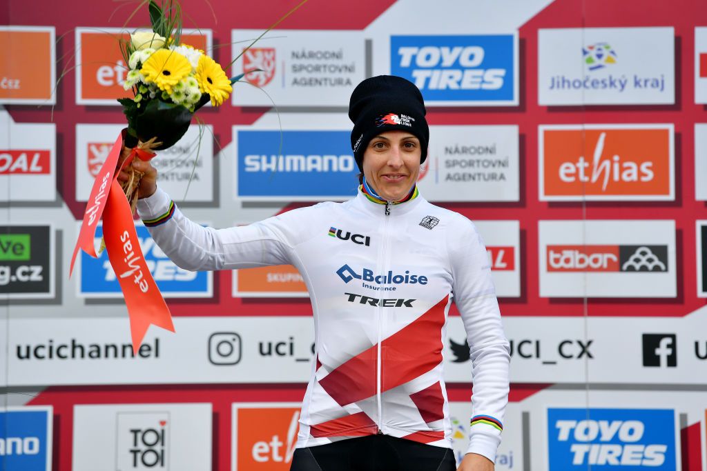 TABOR CZECH REPUBLIC NOVEMBER 14 Lucinda Brand of The Netherland and Team Baloise Trek Lions celebrates winning the race on the podium ceremony after the 25th Tabor UCI CycloCross Worldcup 2021 Womens Elite CXWorldCup on November 14 2021 in Tabor Czech Republic Photo by Luc ClaessenGetty Images