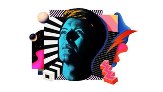 Stylised collage of David Bowie's face on David Bowie iconography