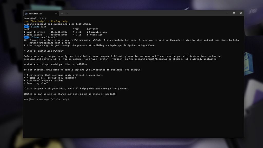 Interacting with Ollama in PowerShell using Windows Terminal.