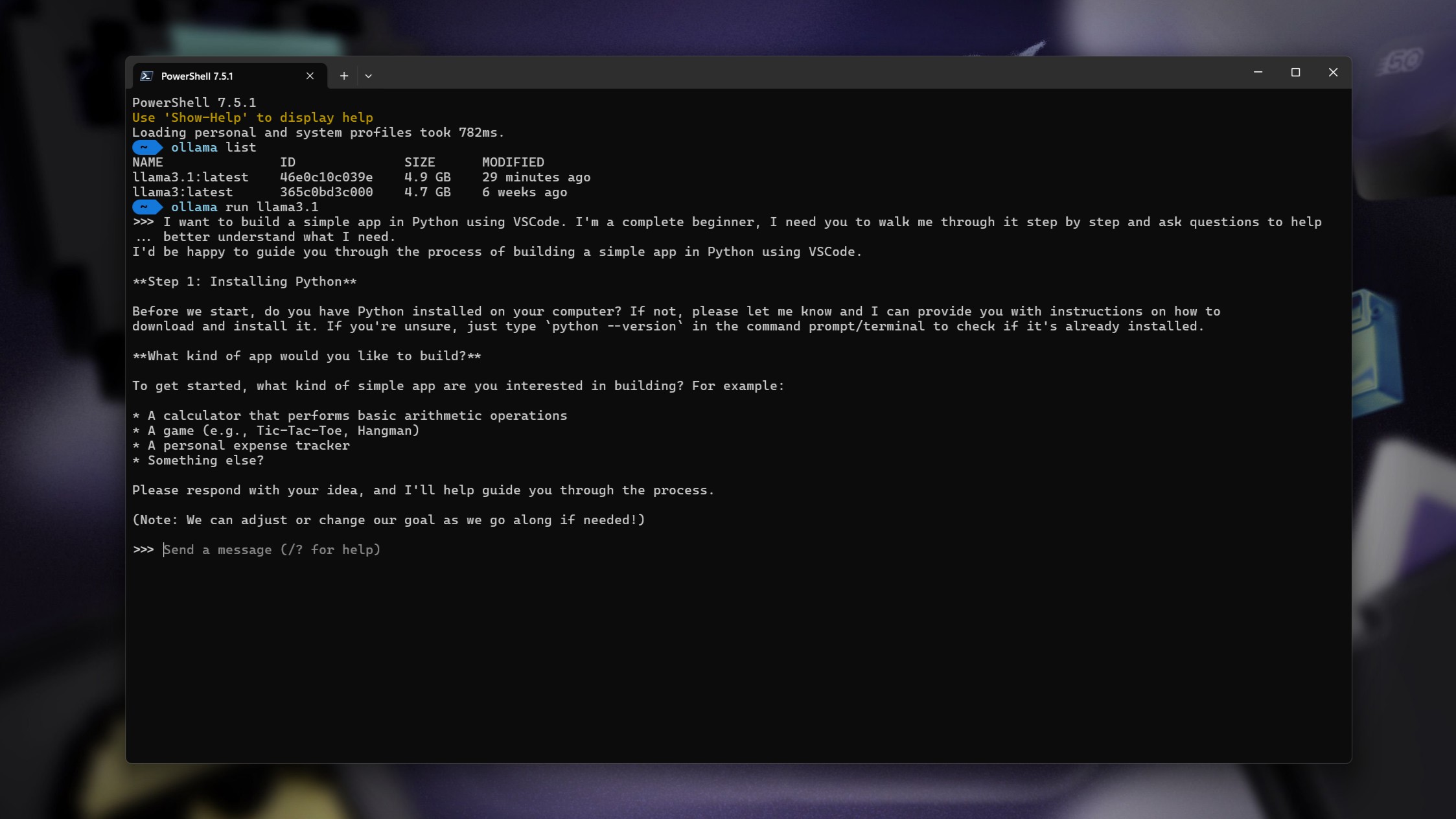 Interacting with Ollama in PowerShell using Windows Terminal.
