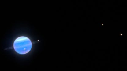 Photo of Uranus surrounded by bright spots, which are its moons