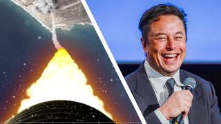 The view from a SpaceX rocket above earth next to a photo of Elon Musk laughing