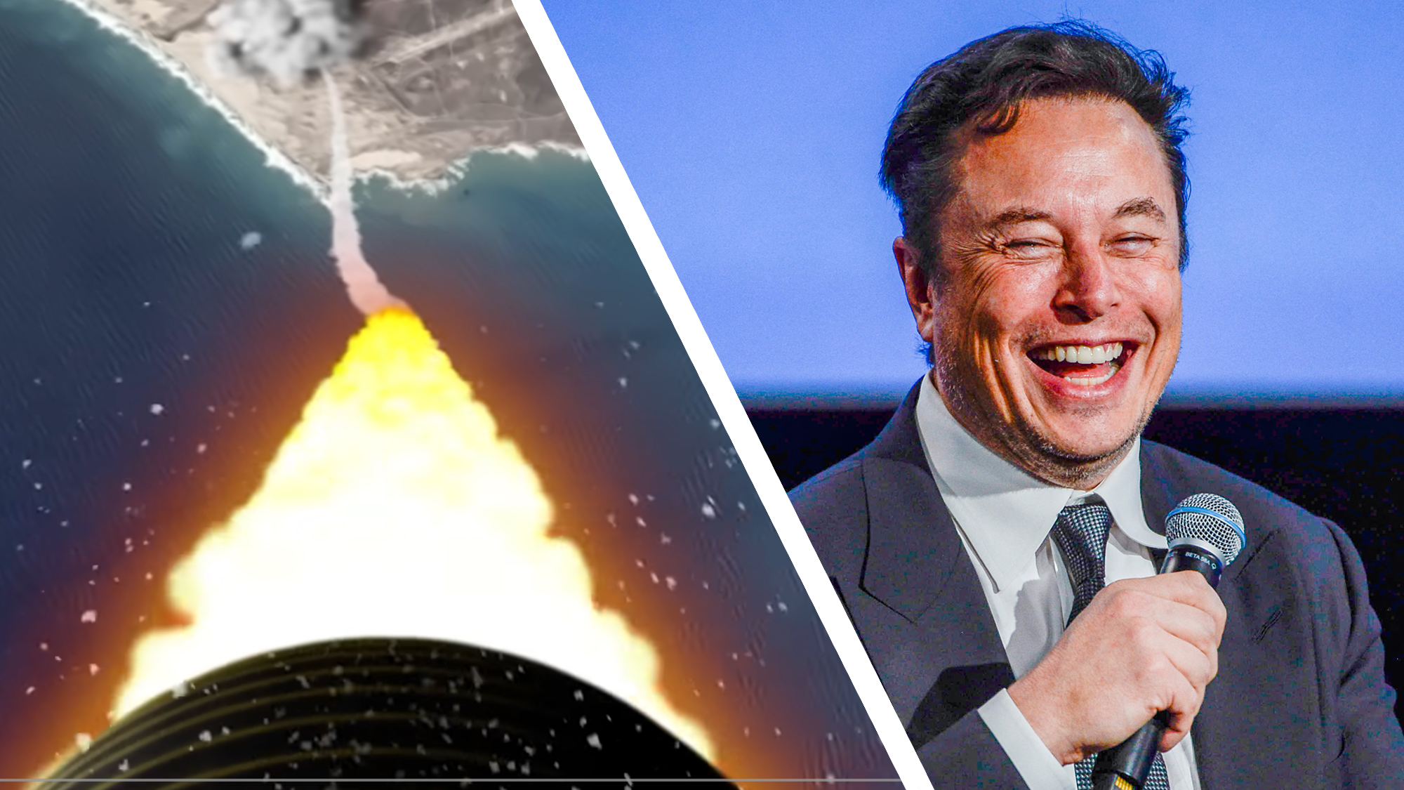 The view from a SpaceX rocket above earth next to a photo of Elon Musk laughing