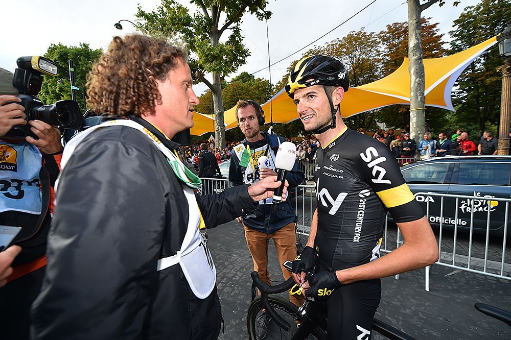 Team Sky rider being interviewed at the finish line of stage 21