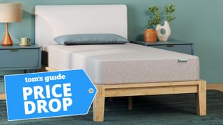 The Siena Essential Memory Foam Mattress on a bed frame in a bedroom, a Tom's Guide Price Drop deals graphic in the bottom left corner