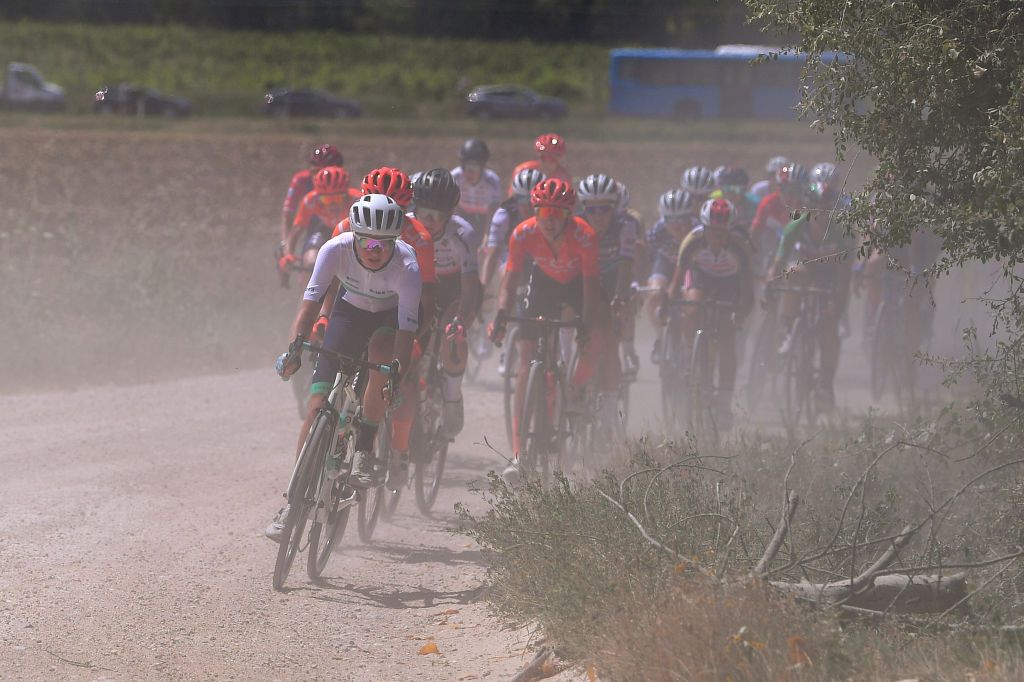 SIENA ITALY AUGUST 01 Leah Thomas of The United Statesand Team Equipe Paule Ka Peloton Dust during the Eroica 6th Strade Bianche 2020 Women Elite a 136km race from Siena to Siena Piazza del Campo StradeBianche on August 01 2020 in Siena Italy Photo by Luc ClaessenGetty Images