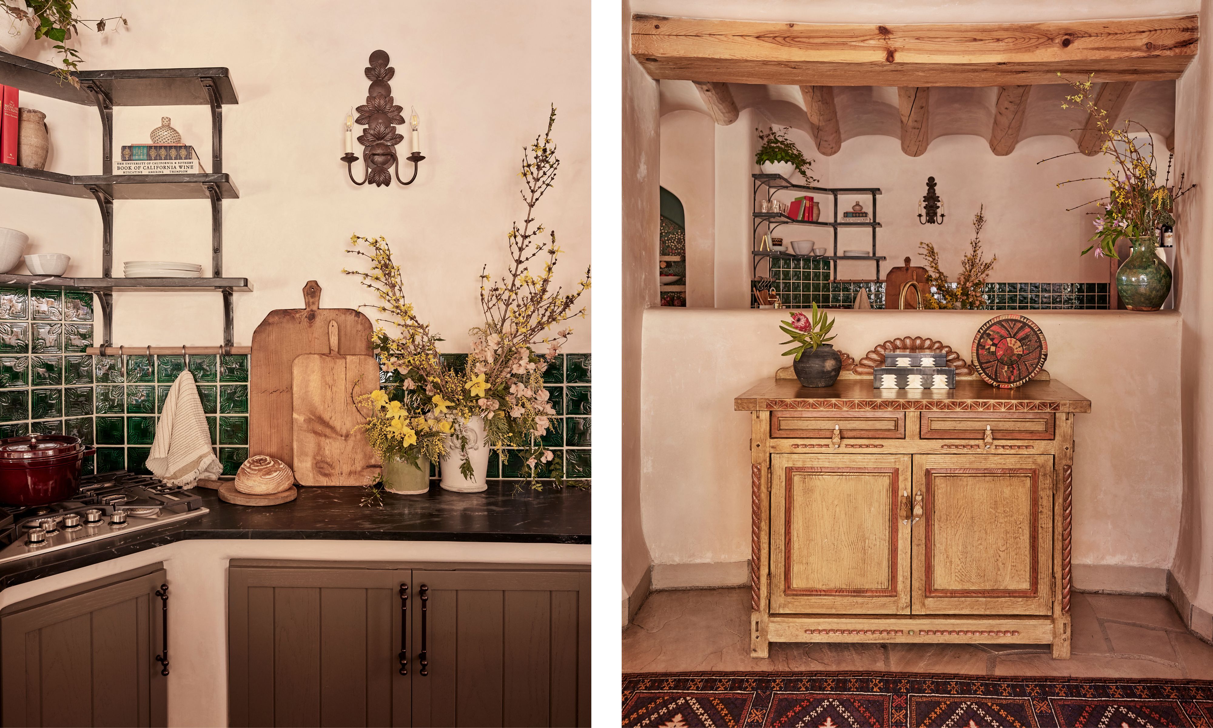 two side by side images of a Santa fe kitchen with wooden cabinets, plaster walls and green tiles